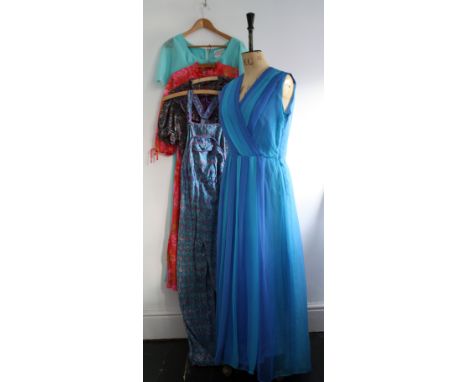 A collection of five 1970s ladies dresses consisting of a baby blue JOHN CHARLES dress size 10, a FINK MODEL blue pleated max