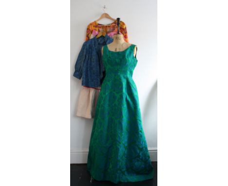 A collection of 1960s garments including a a 1960s blue print blouse and skirt (32 inch waist), a JEAN ALLEN blue/green broca