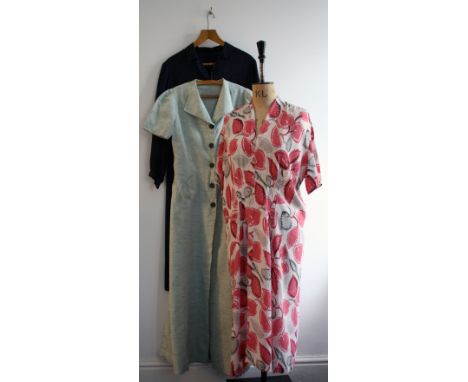 Three 1940s day dresses. A pink/grey rayon crepe volup dress (42 inch waist), a 40s navy and polka dot dress (40 inch waist) 