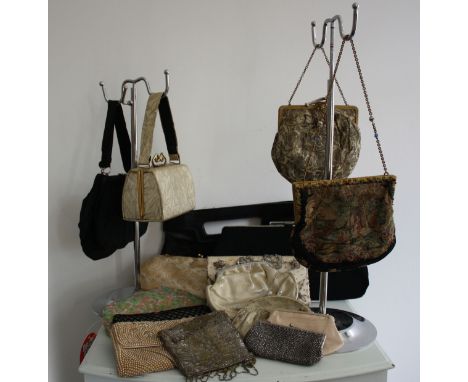 A job lot of 17 antique and vintage evening bags of mixed conditions, including a Victorian micro metal beaded purse, 1930s b