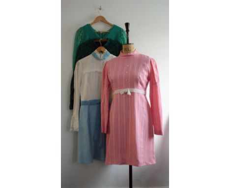 Four vintage 1960s ladies dresses comprising of a 60s emerald green mini dress with lace sleeves and diamante trim, a pink mo