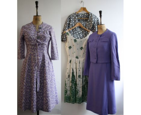 A collection of 50s and 60s garments. Consisting of a 1960s HORROCKSES purple two-piece shift dress and matching box jacket i