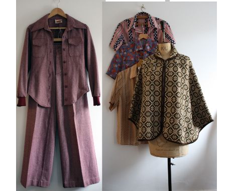 A collection of 1970s items consisting of three 1970s shirts, a WELSH Tapestry cape and a Danish suit with 28 inch waist flar