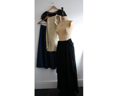 Mixed lot of 1980s ladies garments consisting of a RICHARDS iridescent blue taffeta midi skirt (14UK), a poly chiffon print s