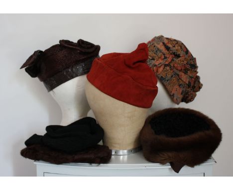 A job lot of 6 vintage hats comprising of three 1930s hats from the BBC costume department - a rust suede hat by GAZELDA, a 3