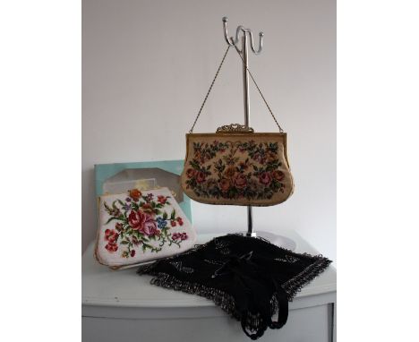 A lot of three vintage bags comprising of a 1950s petit point bag still in box, a JOLLES orginal (Made in Austria) tapestry b