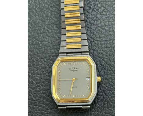 Rotary two tone gents quartz wristwatch on adjustable bracelet in box 