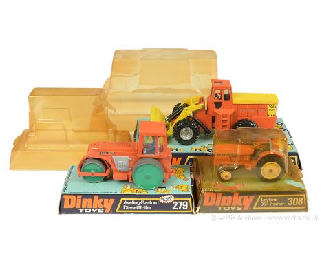 Dinky 279 Aveling Barford Road Roller - orange, green metal wheels, figure driver; 308 Leyland Tractor - orange, white chimne