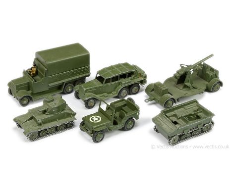 Dinky Military unboxed group to include; 162a Light Dragon Tractor; 152b Reconnaissance Car; 151b 6-Wheeled Covered Truck, pl