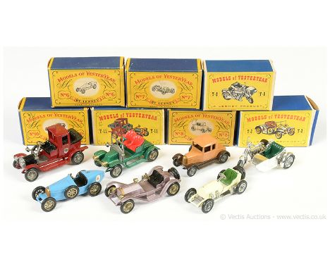 Matchbox Models of Yesteryear - a group to include Y6 Bugatti - French blue, red dashboard, black seat, race number 6; Y7 Mer