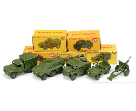 Dinky Military Group 641 1-Ton Cargo Truck; 674 Austin Champ; 676 Armoured Personnel Carrier; 686 Field Gun &amp; 686 Artille