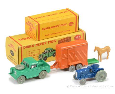 Dinky (Dublo Dinky) 069 Massey Ferguson Tractor - blue, grey plastic wheels; 073 Land Rover with Horse Box Trailer - green, g