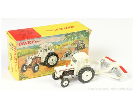 Dinky 325 David Brown Tractor Selectamatic 990 - off-white, brown, red plastic chimney stack complete with Disc Harrow - off-