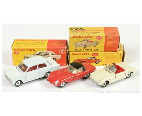 Dinky 113 MGB Sports Car - off-white, red interior with figure driver, silver trim, chrome spun hubs; 120 Jaguar type E - red