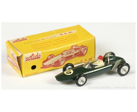 Solido 131 BRM Racing Car - dark green, plastic figure driver, spun hubs, white and black racing number 10 decal - Excellent 
