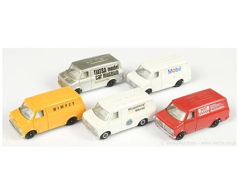 Dinky 410 Promotional Bedford Vans group of 5 unboxed - (1) "BOC" - red, silver trim, chrome base, black Speedwheels; (2) "Mo