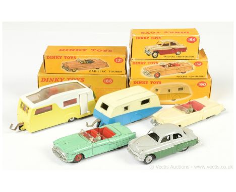 Dinky 131 Cadillac Tourer - lemon (heavily sun faded); 132 Packard Convertible - light green, red interior and ridged hubs; 1