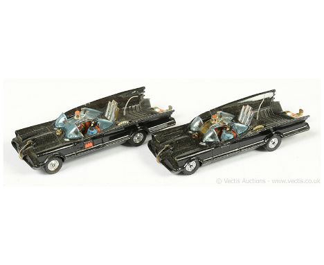 Corgi 267 "Batman" Batmobile a pair; (1) black, chrome wheels, tow hook, grey plastic aerial, blue windows with "Batman &amp;