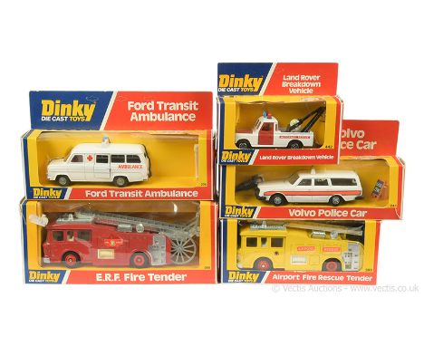 Dinky group of Emergency Vehicles to include 243 Volvo "Police" Car with figure and sign; 263 Airport Fire Rescue Tender; 266