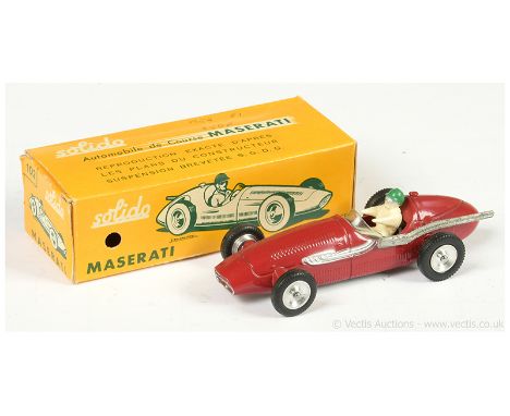 Solido 102 Maserati Racing Car - red body, silver trim, chrome spun hubs, plastic figure driver, racing number 9 - Excellent 