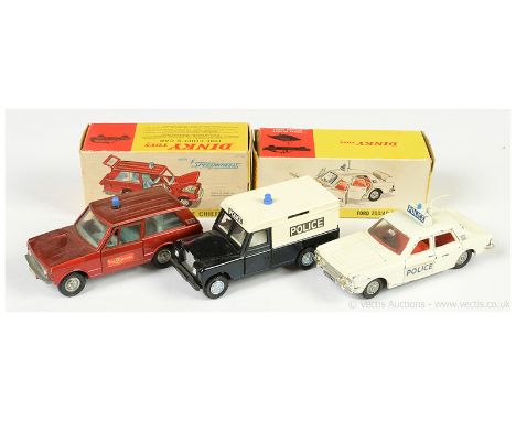 Dinky 195 Range Rover "Fire Service" - metallic red, blue roof light, light blue interior, cast hubs; 255 Ford Zodiac "Police