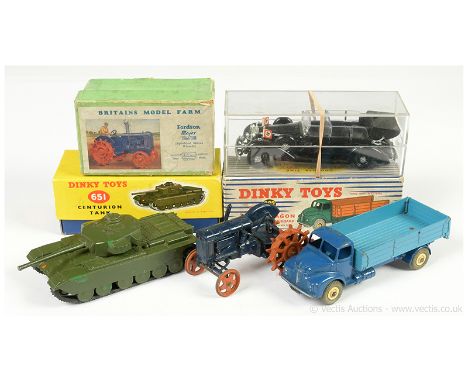 Dinky 932 Leyland Comet Dropside Wagon - dark blue cab &amp; chassis, mid-blue rear body with model No.532 cast, cream Supert