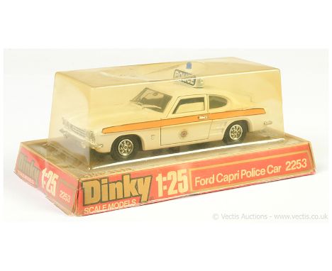 Dinky (1/25th scale) 2253 Ford Capri "Police" Car - white body, blue interior and roof light, chrome trim - Excellent (does h