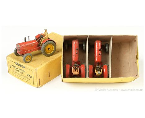 Dinky 27a Trade Pack containing 3 x Massey Harris Tractor - all are finished in red, yellow metal wheels, light tan figure dr