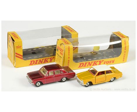 Dinky 133 Ford Cortina 1965 Saloon - pearlescent yellow, white roof, red interior, silver trim, chrome spun hubs and 151 Vaux