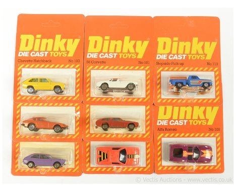 Dinky group of smaller scale late issues to include 103 Chevette Hatchback; 110 Pick-up; 101 Corvette 56; 108 Alfa Romeo, plu