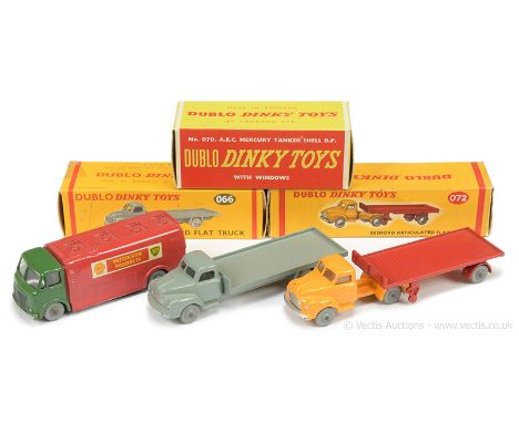 Dinky (Dinky Dublo) 066 Bedford Flat Truck - grey, smooth wheels, silver trim; 070 AEC Mercury "Shell / BP" Tanker - green, r