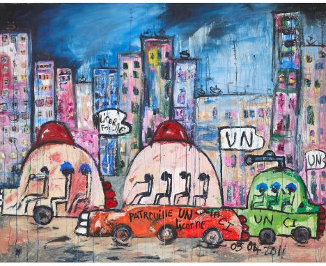 Abdoulaye Diarrassouba 'Aboudia' (Côte d'Ivoire, né en 1983)Patrol licorn2011daté '05 04 2011' en bas à droitehuile et acryli