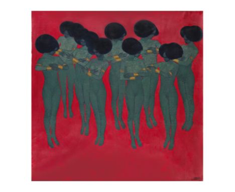 Getahun Assefa Balcha (Ethiopie, né en 1967)Girls on red background2020signé et daté 'ጌታሁን 2020/ GETAHUN ASSEFA' en bas à dro