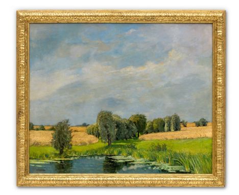 Meissner, H.  (um 1900) Sommerlandschaft mit Kornfeldern  Sign. (schwer lesbar). Öl auf Lwd. 80×98 cm. (Rücks. zwei Löcher re