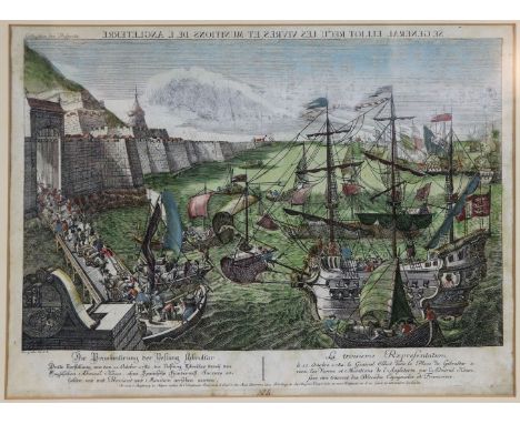 Gibraltar - Guckkastenbild  um 1782/90 Die Proviantirung der Vestung Gibraltar (11.10.1782). Kol. Kupferstich. Zweisprachiger