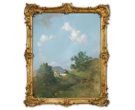 Richter, Erik (Berlin, Plön 1889-1981) Paar beim Picknick im Grünen  Sign. Öl auf Lwd., auf Holzplatte genagelt. Ca. 81×65 cm