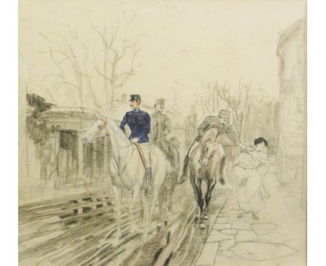 Österreichischer Zeichner (um 1900) Ausritt  Straßenszene mit drei berittenen Offizieren, die einer Magd den Hof machen. Kohl