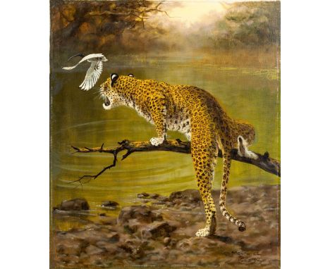 Majewicz, George (Polkwitz, Münchberg 1897-1965) Panther am Fluss  einen Vogel im Visier. Sign. u. dat. mit Ortsangabe: Kenia