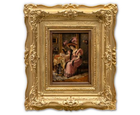 Genremaler (um 1900) Sitzende Frau in roséfarbenem Kleid und großem Hut  am Kaffeetisch mit Männchen machendem Hündchen. Sign