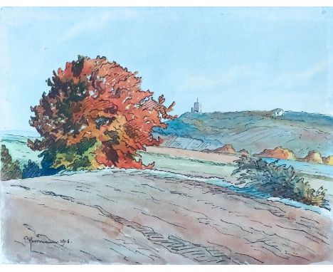 Herrmann, P.  (Landschaftsmaler, um 1916)  Herbstlandschaft  Feder und Aquarell auf Bütten, aufgezogen auf Karton. Sign und d