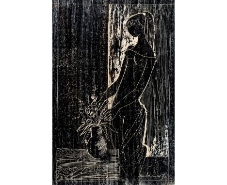 Strempel, Horst (Beuthen, Berlin 1904-1975) Mädchen mit Blumenvase  Schwarze Ölkreide auf Papier, gekratzt, in der Art eines 