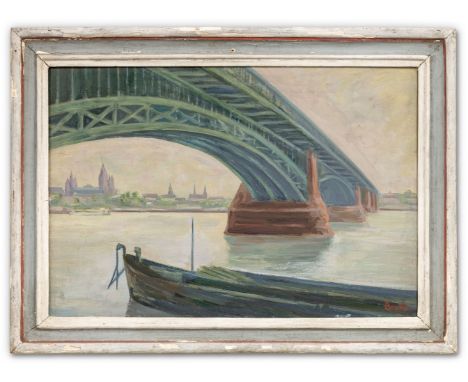 Brude, Erhard (Stuttgart 1874-1959) "Brücke bei Mainz"  Sign. Öl auf Sperrholz. 43×62,5 cm. Rücks. Klebeetikett mit Künstlera