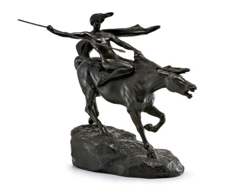 Sinding, Stephan Abel (Trondheim, Paris 1846-1922) Speerwerfende Amazone  Bronze, schwarz patiniert. Auf naturalistisch gearb