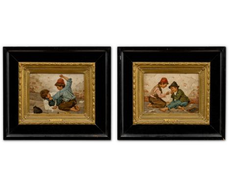 Vanni, G. (19./20.Jh.) Sich balgende und rauchende Knaben  Gegenstücke. Je sign. Öl auf Holz, ca. 15,5×21 cm. Rücks. je auf a