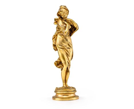 Französischer Bildhauer (19./20. Jh.) Dame im Wind "Le Coup de Vent"  Bronze, golden patiniert. Auf naturalistisch gearbeitet