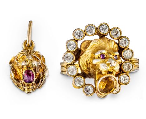 Löwenkopf-Ring und Löwenkopf-Anhänger  Gering verschieden. 333/f. Gold. a) Einbeschrieben in Zirkonkranz und Citrin im Maul. 