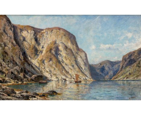 Enfield , Henry (London, Neuwarp/Pommern 1849-1911) Norwegische Fjordlandschaft  Sign. Öl auf Lwd. 72×117 cm. (Rücks. vier kl