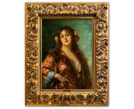 Sichel, Nathaniel (Mainz, Berlin 1843-1907) Kokette Dame in rot-seidenem Morgenmantel  und mit Blumen im gelösten, langen Haa