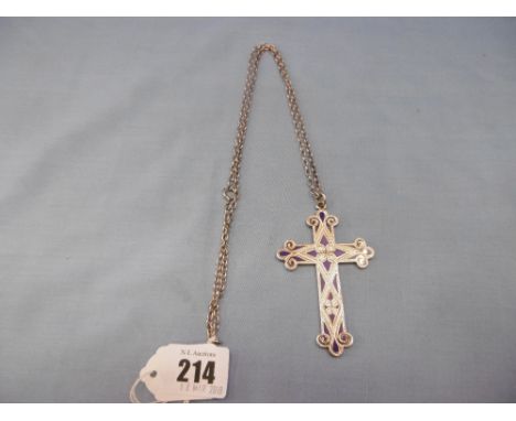 A white metal and blue enamel cross on sterling silver chain, possibly a 19th century