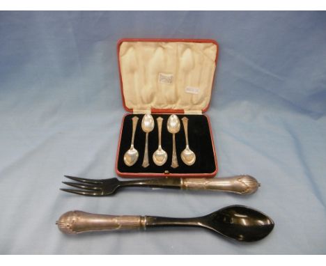 A part boxed set of hm silver tea spoons plus a pair of salad servers
